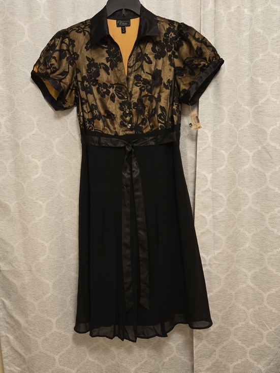 Dress Barn Dresses & Skirts - Dress Barn Gold Floral Jacquard & Black Midi Dress with Satin Tie